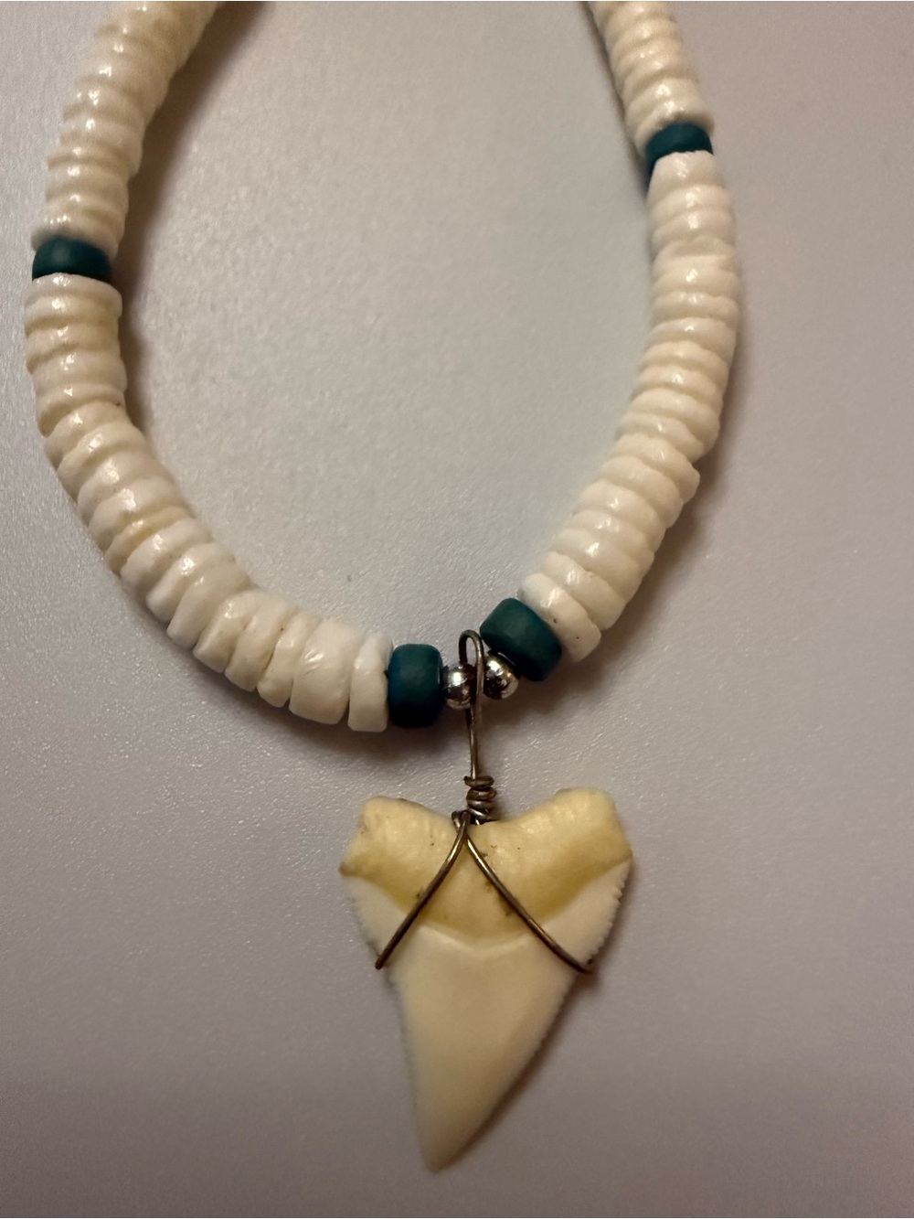 Vintage White and Teal puka shell Necklace with Wrapped Shark Tooth Pendant